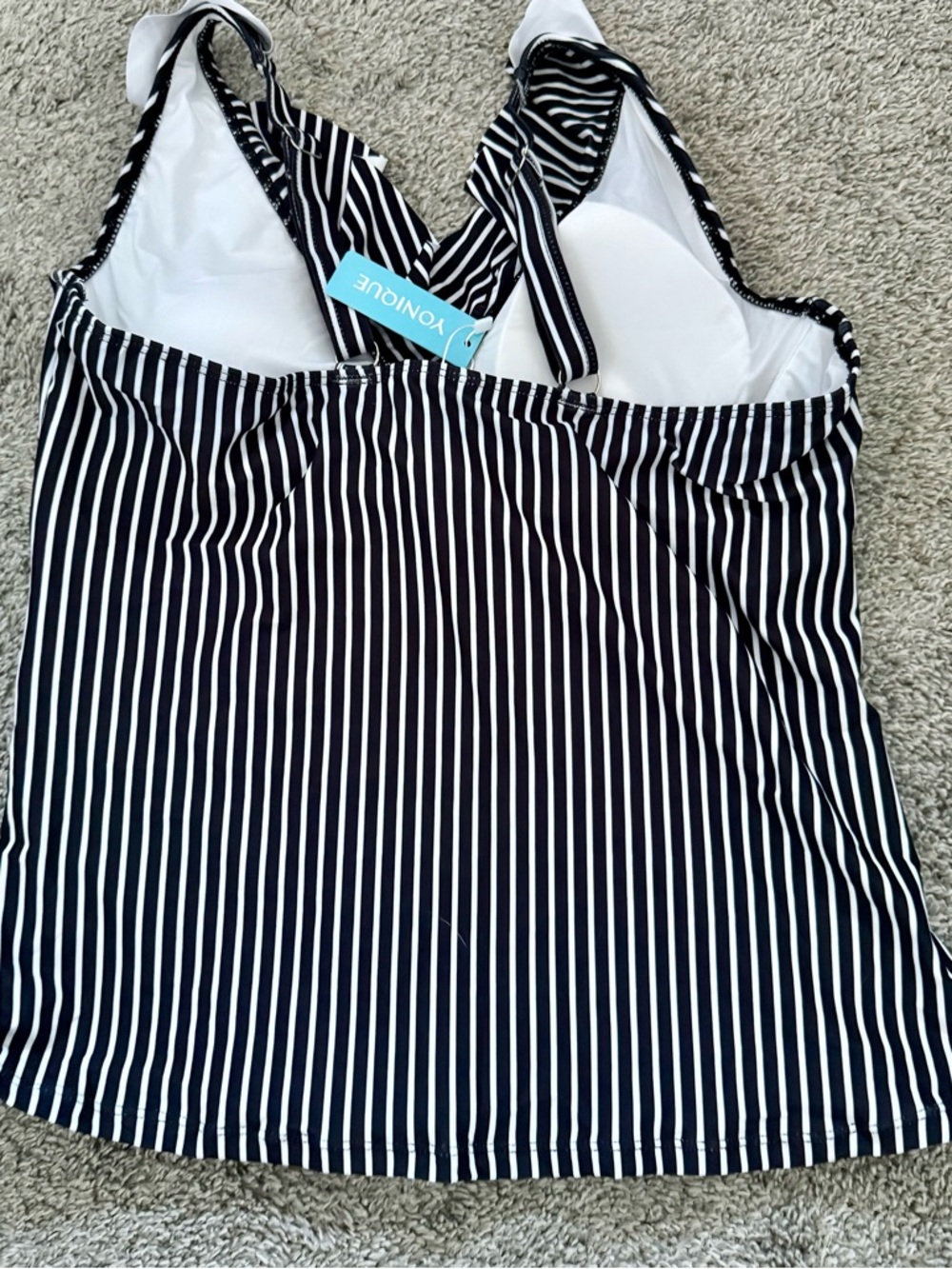 Younique Black and White Striped Ruffle V-Neck Bathing Suit Top (XL) - Picture 2 of 5